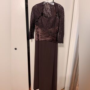 Elegant Chocolate Brown Lace & Satin Evening Gown with Bolero by Mon Cheri